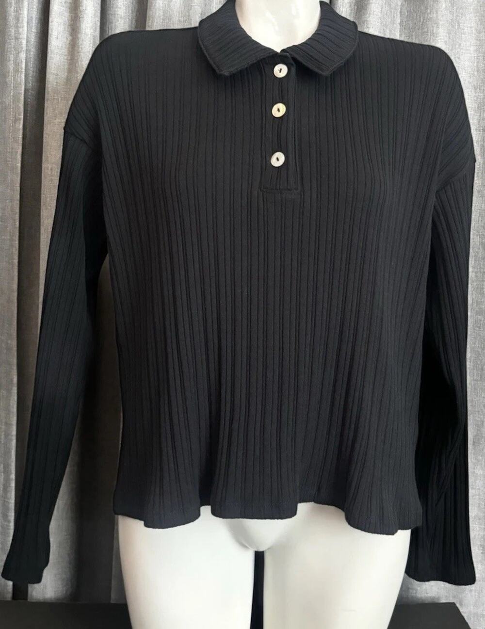 Madewell Variegated Rib Boxy Polo Shirt Womens Small Black Long Sleeve Top